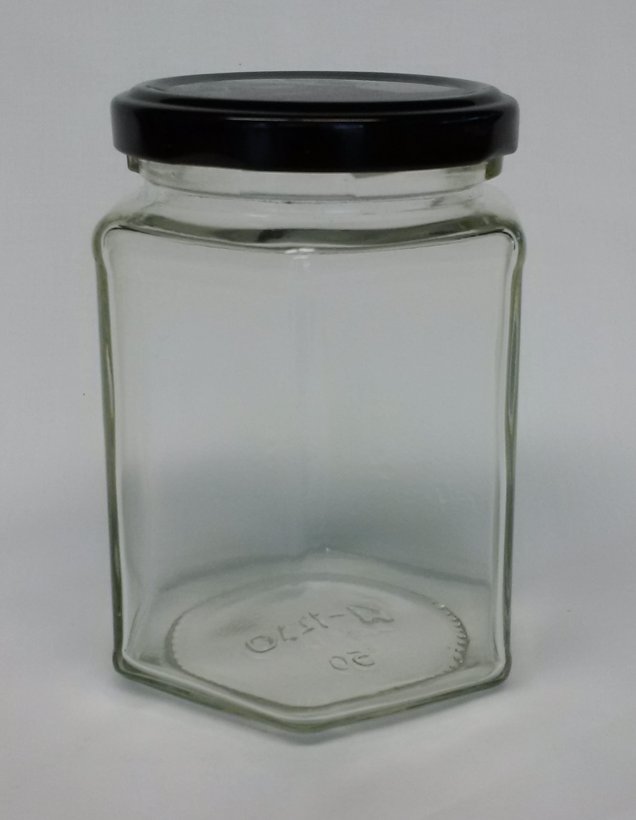 9oz. glass Hex jar with 63TW Black Metal Lid (12pk)