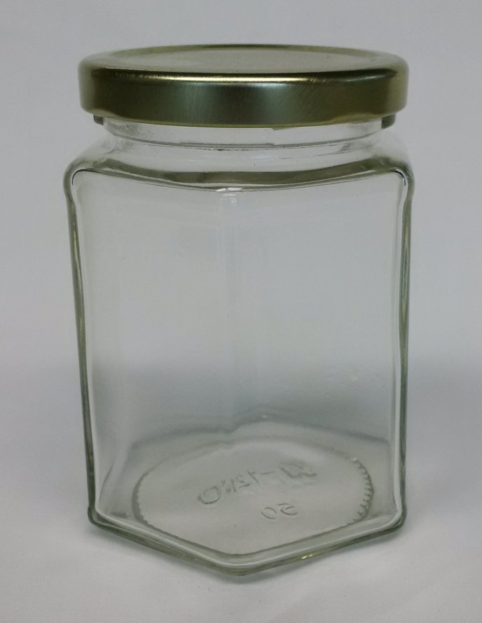 9oz. glass Hex jar with 63TW Gold Metal Lid (12pk)