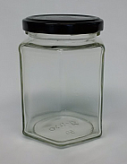 9oz. glass Hex jar with 63TW Black Metal Lid (12pk)